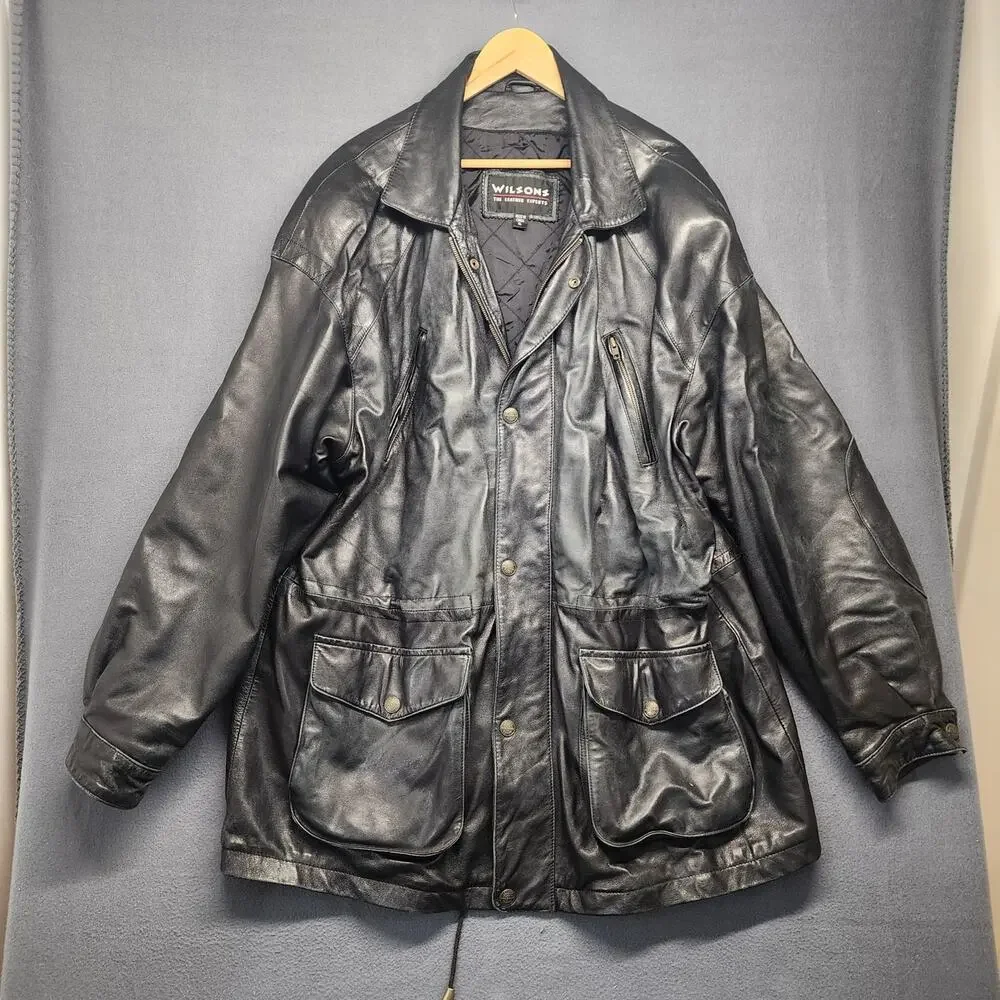 Wilsons Leather Coat Mens XL Black Distressed Pockets Winter Quilted Lining